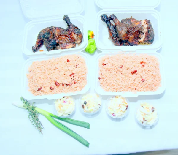 4 Quarters Jerk Chicken + 2 Bowls Rice + 4 Coleslaw / Steamed Veg